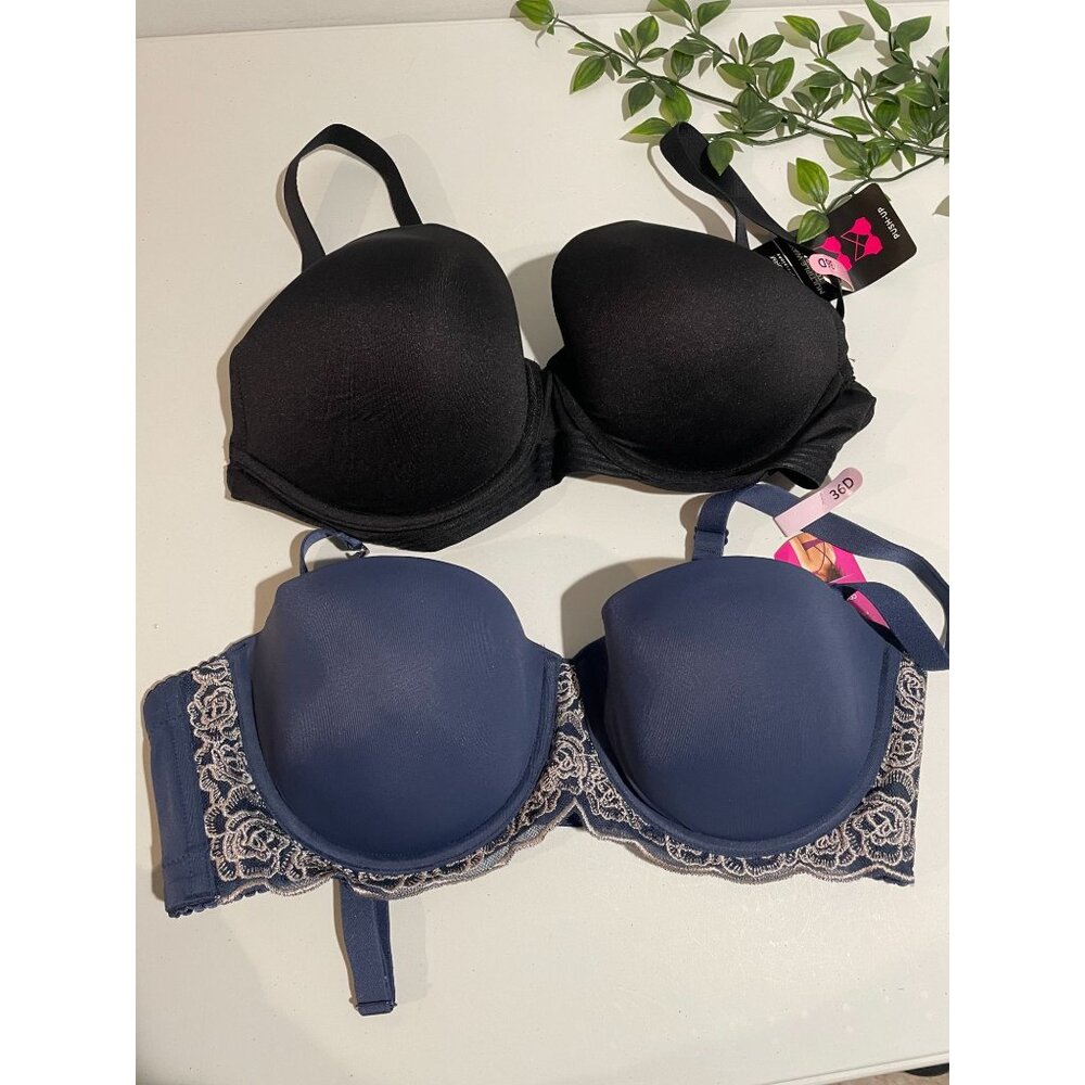 Maidenform Womens Padded Underwire Bras 36D Black & Navy Lace Trim Smooth Finish